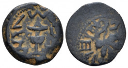 Judaea, Jewish War, 66-70 Jerusalem Prutah circa 67-68 (year 2), Æ 16.00 mm., 2.32 g.
Amphora. Rev. Vine leaf on branch with tendril. Meshorer 196. H...