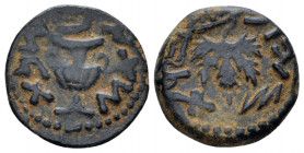Judaea, Jewish War, 66-70 Jerusalem Prutah circa 67-68 (year 2), Æ 14.00 mm., 1.69 g.
Amphora. Rev. Vine leaf on branch with tendril. Meshorer 196. H...