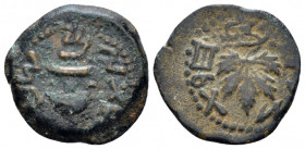 Judaea, Jewish War, 66-70 Jerusalem Prutah circa 67-68 (year 2), Æ 17.00 mm., 2.47 g.
Amphora. Rev. Vine leaf on branch with tendril. Meshorer 196. H...