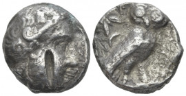 Arabia, uncertain mint Tetradrachm circa 350-320, AR 20.00 mm., 16.55 g.
Helmeted head of Athena r. Rev. Owl standing r., head facing; olive sprig an...
