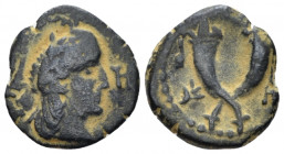 Kings of Nabathaea, Syllaios. Usurper, 9-6 Bronze circa 9-6, Æ 14.00 mm., 2.20 g.
Diademed head r. Rev. Crossed cornucopias; Aramaic Š and Ḥ flanking...