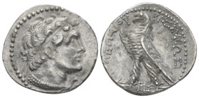 The Ptolemies, Ptolemy IV Philopator, 221-205 Alexandria Didrachm circa 206, AR 21.00 mm., 6.25 g.
Diademed bust of Ptolemy I r., with aegis. Rev. Ea...