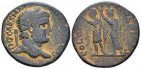 Phoenicia, Ptolemais Caracalla, 198-217 Bronze circa 198-217, Æ 29.60 mm., 16.88 g.
Laureate head r. Rev. COLONIA PTOLEMAIS The emperor Caracalla, in...