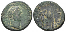 Judaea, Caesarea Maritima Titus Caesar, 69-79 Bronze circa 79-81, Æ 21.40 mm., 8.20 g.
Laureate head r. Rev. Nike standing to r., foot on helmet, sup...