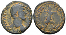 Arabia, Gerasa Marcus Aurelius, 161-180 Bronze circa 161-180, Æ 23.00 mm., 16.73 g.
Laureate, draped and cuirassed bust r. Rev. Artemis-Tyche advanci...