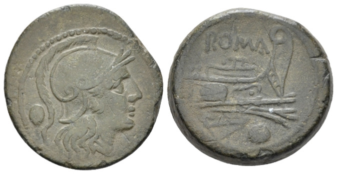 Uncia circa 215-212, Æ 20.90 mm., 7.83 g.
Head of Roma r., wearing Attic helmet...