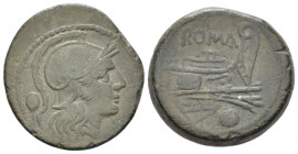 Uncia circa 215-212, Æ 20.90 mm., 7.83 g.
Head of Roma r., wearing Attic helmet; behind, pellet. Rev. ROMA Prow r.: below, pellet. Sydenham 108. Craw...