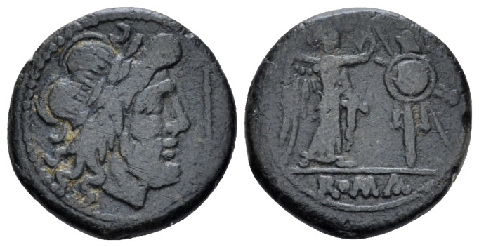 Victoriatus circa 206-195, AR 16.30 mm., 2.82 g.
Laureate head of Jupiter r.; b...