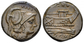 Anchor series without Anchor Triens circa 169-158, Æ 20.40 mm., 8.17 g.
Helmeted head of Minerva r.; above, four pellets. Rev. Prow r.; above, four p...