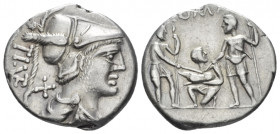 T. Veturius Gracchi f. Sempronianus. Denarius circa 137, AR 19.70 mm., 3.95 g.
T. I. Veturius. Denarius 137, AR 3.73 g. Helmeted and draped bust of M...