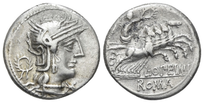 M. Opimius. Denarius circa 131, AR 17.00 mm., 3.81 g.
Helmeted head of Roma r.;...