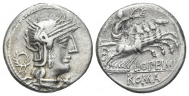 M. Opimius. Denarius circa 131, AR 17.00 mm., 3.81 g.
Helmeted head of Roma r.; below chin, * and behind, tripod. Rev. Apollo, with quiver over shoul...