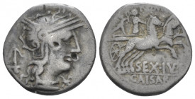 Sex. Iulius Caesar. Denarius circa 129, AR 17.00 mm., 3.79 g.
Helmeted head of Roma r.; behind, anchor and below chin, *. Rev. ROMA Venus in prancing...