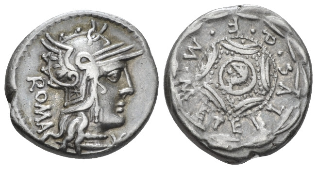 M. Metellus Q. f. Denarius circa 127, AR 17.40 mm., 3.87 g.
Helmeted head of Ro...