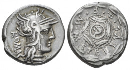 M. Metellus Q. f. Denarius circa 127, AR 17.40 mm., 3.87 g.
Helmeted head of Roma r.; behind, ROMA downwards, below chin *. Rev. M METELLIVS Q F arou...