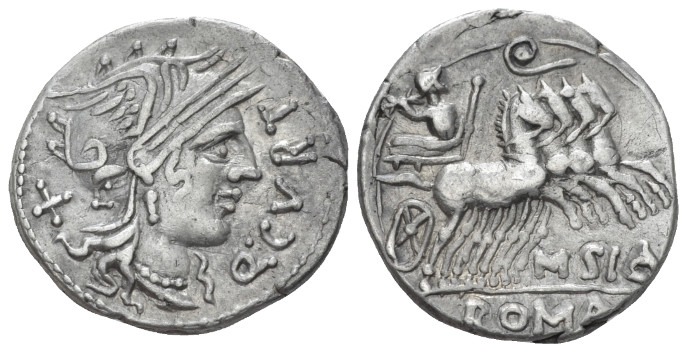 Q. Curtius and M. Silanus. Denarius 116 or 115, AR 20.00 mm., 3.90 g.
Q·CVRT He...