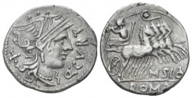 Q. Curtius and M. Silanus. Denarius 116 or 115, AR 20.00 mm., 3.90 g.
Q·CVRT Helmeted head of Roma r.; behind, X. Rev. Jupiter in prancing quadriga r...