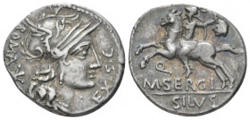 M. Sergius Silus. Denarius 116 or 115, AR 19.00 mm., 3.90 g.
Helmeted head of Roma r.; behind, ROMA * and before, EX·S·C. Rev. Horseman l., holding s...