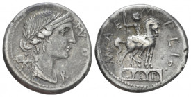 Man. Aemilius Lepidus. Denarius 114 or 113, AR 18.80 mm., 3.92 g.
ROMA Laureate, diademed and draped bust of Roma r.; behind, *. Rev. MN·AE – MILIO. ...