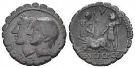 C. Sulpicius C.f. Galba. Denarius serratus circa 106, AR 18.10 mm., 3.92 g.
D·P·P Jugate, laureate heads of Di Penates l. Rev. Two soldiers standing ...