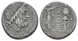 P. Vettius Sabinus. Quinarius circa 99, AR 13.10 mm., 1.58 g.
Laureate head of Jupiter r.; behind, control letter. Rev. Victory r., crowning trophy; ...