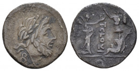 T. Cloulius Quinarius circa 98, AR 15.10 mm., 1.62 g.
Laureate head of Jupiter right; below, B·. Rev. T·CLOVLI Victory standing right, crowning troph...