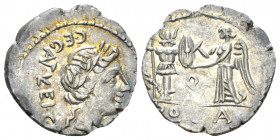 C. Egnatuleius C.f. Quinarius circa 97, AR 16.40 mm., 1.92 g.
C·EGNATVLEI·C·F·Q Laureate head of Apollo r. Rev. Victory standing l. inscribing shield...
