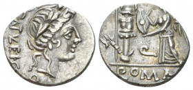 C. Egnatuleius C.f. Quinarius circa 97, AR 14.70 mm., 1.98 g.
C·EGNATVLEI·C·F·Q Laureate head of Apollo r. Rev. Victory standing l. inscribing shield...