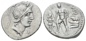 C. Poblicius Malleolus Denarius circa 96 (?), AR 18.70 mm., 3.94 g.
Helmeted head of Mars r.; above, hammer and below chin, *. Rev. C·MAL Naked warri...