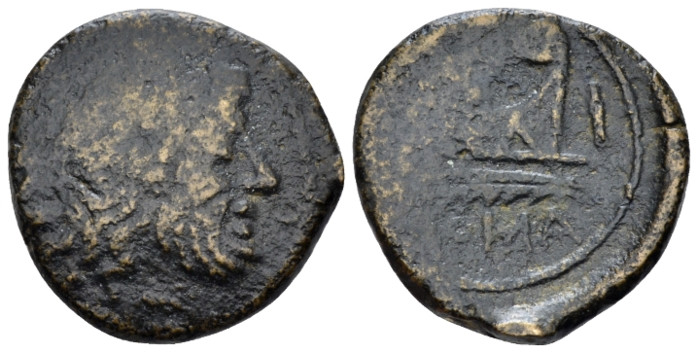 Semis contemporary imitation circa 91, Æ 21.50 mm., 6.74 g.
Laureate head of Sa...