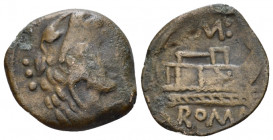 Anonymous issue Quadrans circa 91, Æ 18.10 mm., 3.09 g.
Head of Hercules r., wearing lion’s skin; behind, three pellets. Rev. ROMA Prow r.; to r., th...