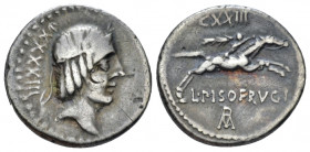 L. Piso Frugi. Denarius circa 90, AR 18.00 mm., 3.65 g.
Laureate head of Apollo r.; behind, numeral. Rev. Horseman galloping r., holding torch in upr...