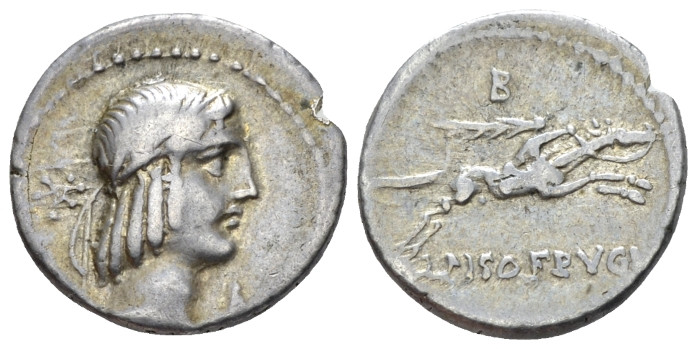 L. Calpurnius Piso Frugi. Denarius circa 90, AR 17.60 mm., 3.87 g.
Laureate hea...