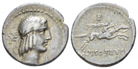 L. Calpurnius Piso Frugi. Denarius circa 90, AR 17.60 mm., 3.87 g.
Laureate head of Apollo r.; behind, * and below chin, A. Rev. Horseman galloping r...