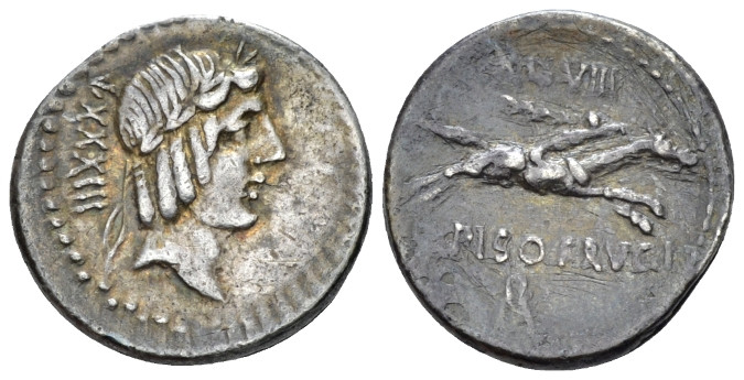 L. Piso Frugi. Denarius circa 90, AR 24.00 mm., 3.90 g.
Laureate head of Apollo...