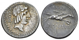 L. Piso Frugi. Denarius circa 90, AR 24.00 mm., 3.90 g.
Laureate head of Apollo r.; behind, numeral. Rev. Horseman galloping r., holding torch in upr...