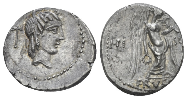 L. Piso Frugi Quinarius circa 90, AR 14.40 mm., 2.21 g.
Laureate head of Apollo...