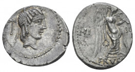 L. Piso Frugi Quinarius circa 90, AR 14.40 mm., 2.21 g.
Laureate head of Apollo r.; behind, H. Rev. L·PI – SO Victory standing r., holding wreath in ...
