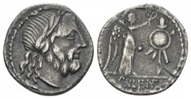 Cn. Cornelius Lentulus Clodianus Quinarius circa 88, AR 14.60 mm., 1.65 g.
Laureate head of Jupiter r. Rev. Victory r. crowning trophy; in exergue, C...