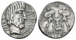 L. Tituri L. f. Sabinus. Denarius circa 89, AR 16.10 mm., 3.66 g.
SABIN Head of King Tatius r.; below chin, palm. Rev. Tarpeia stands on pile of shie...
