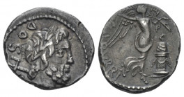 L. Rubrius Dossenus. Quinarius circa 87, AR 14.10 mm., 1.98 g.
Laureate head of Neptune r., with trident over shoulder; behind, DOSSEN. Rev. Victory ...
