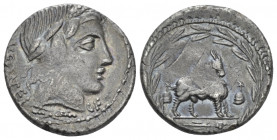 Mn. Fonteius C.f. Denarius circa 85, AR 18.00 mm., 3.79 g.
MN·FONTEI Laureate head of Apollo r.; below, thunderbolt and below chin, C·F. Rev. Winged ...