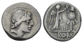Anonymous Quinarius circa 81, AR 14.00 mm., 1.91 g.
Laureate head of Apollo r. Rev. Victory standing r., crowning trophy; in between, III. In exergue...