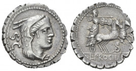 Denarius serratus circa 80, AR 19.50 mm., 4.07 g.
Head of Juno Sospita r.; behind, S·C. Rev. Juno Sospita in prancing biga r., holding shield and hur...