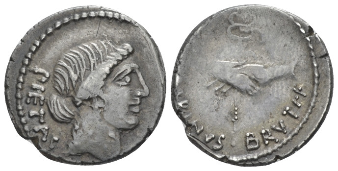 D. Iunius Brutus Albinus. Denarius circa 48, AR 18.50 mm., 3.98 g.
PIETAS Head ...