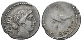 D. Iunius Brutus Albinus. Denarius circa 48, AR 18.50 mm., 3.98 g.
PIETAS Head of Pietas r. Rev. Two hands clasped around winged caduceus; below, ALB...