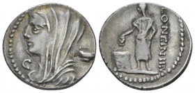 L. Cassius Longinus. Denarius circa 63, AR 19.50 mm., 3.88 g.
Diademed and veiled head of Vesta l.; below chin, L. In r. field, dish. Rev. LONGIN·III...