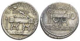 Q. Pompeius Rufus. Denarius circa 54, AR 18.20 mm., 3.80 g.
Q·POMPEI·Q·F / RVFVS Curule chair; on l., arrow and on r., laurel branch; below, COS on t...