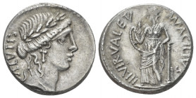 Mn. Acilius Glabrio. Denarius circa 49, AR 18.00 mm., 4.04 g.
SALVTIS Laureate head of Salus r. Rev. MN·ACILIVS – III·VIR·VALETV Valetudo standing l....