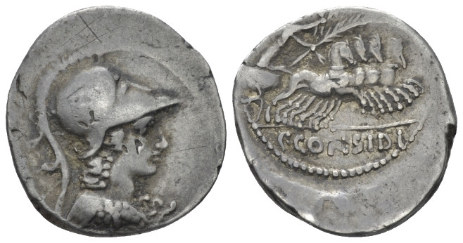 C. Considius Paetus. Denarius circa 46, AR 19.10 mm., 3.31 g.
Helmeted bust of ...